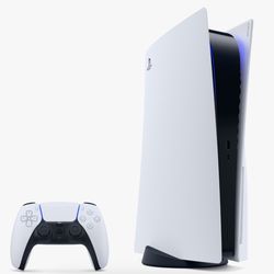 Gently used PS5 with a white and purple controller 