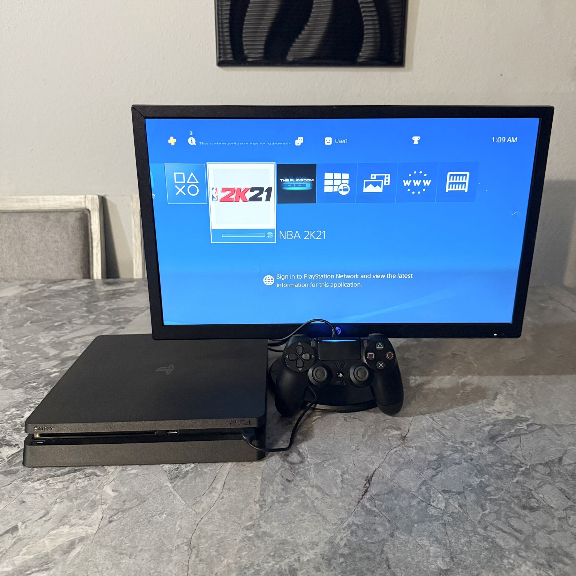 Ps4 Slim 1TB Console with Black Controller and Cables 