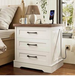 24" Farmhouse Nightstand with Charging Station 3 Drawer Rustic Bedside Table