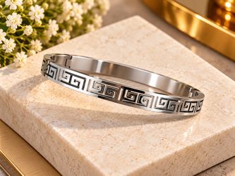 Silver Stainless Steel Greek Key Bangle Bracelet