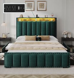 King Size Bed Frame Platform Bed Velvet Upholstered, Color- Green Velvet 