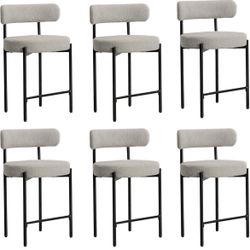 24'' Boucle Counter Stools Set of 6, Grey Bar Stools with Backs, Counter Height Bar Stools for Kitchen Island/Kitchen Counter, Upholstered Counter Cha