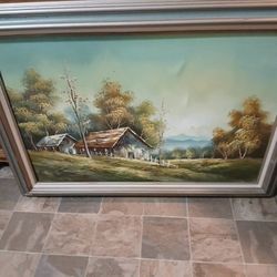 Vintage Or Painting Frame Rustic Landscape Barn 1950 Signed S Hopkins 43 In Wide 32 In Long