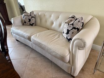 Cream Leather Tufted Sofa