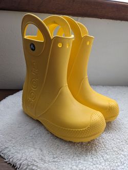 Bright yellow Crocs Handle It rain boots, kids size C13 (13).