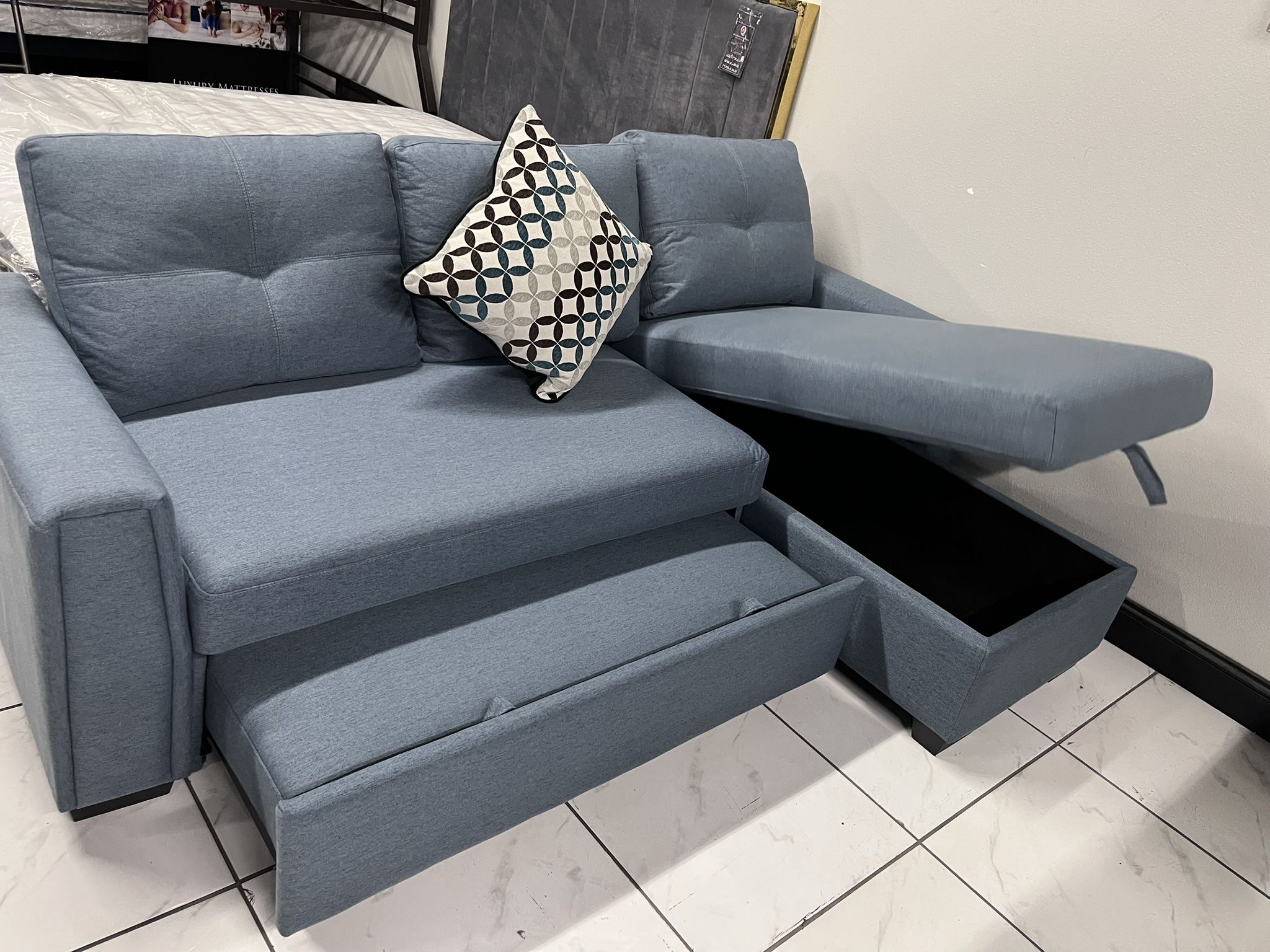 Sleeper Sectional With Storage Chaise 💙 Blue Color