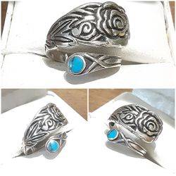 .925 Sterling Silver Turquoise Flowered Spoon Ring. 
