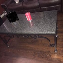 Custom Coffee Table Set, 2 End Tables Aprox 24”x24” And Center Table Aprox 24”x48With Scroll Iron Works As Well Powder Coating Paint With Top Granite