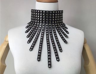 Black leather studded statement necklace