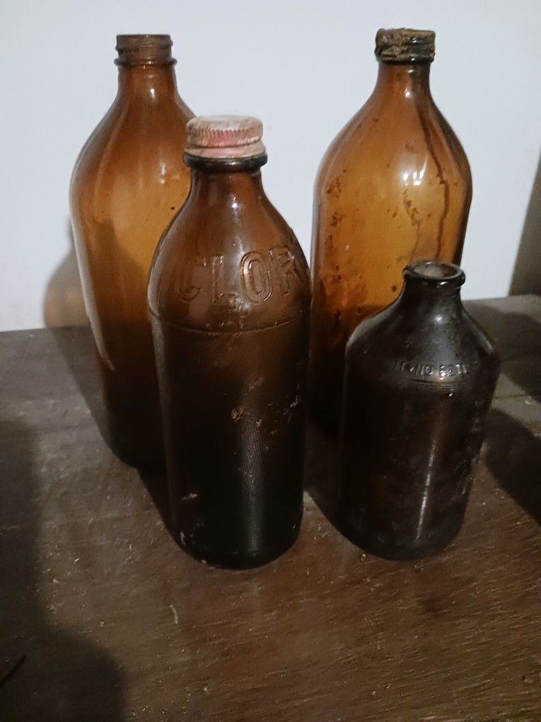 Vintage Amber Glass Clorox & Medicine Bottles