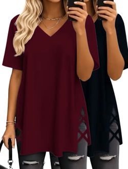 2 pack V-Neck Short Sleeve Tunic w/criss cross Cutout Detail -Burgundy & Black