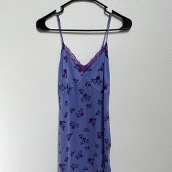 Blue dress with purple flowers and purple lace trim