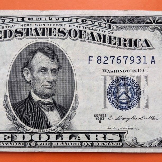 Vintage 1953 blue seal $5 bill silver certificate note old paper money American currency