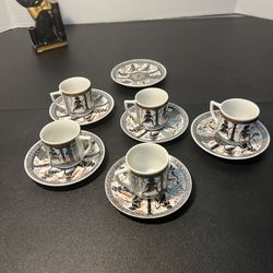 Greek 1960s 5 Sets Cup Saucer Girls Fetching Water British Museum Signed Vassil 