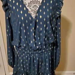 Adrienne Hunter Teal  Ruffle Gold Diamond Accent Dress Size 3XL 

