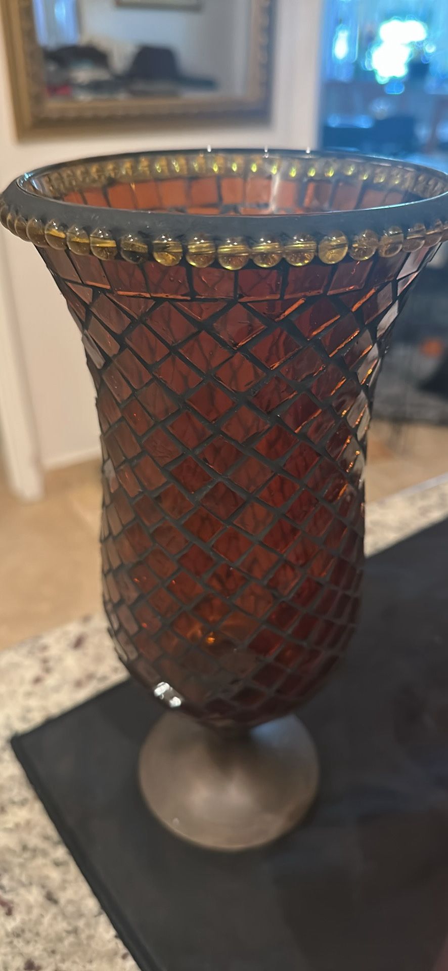 Vintage Global Fusion Tall Hurricane Mosaic Glass Candle Holder.