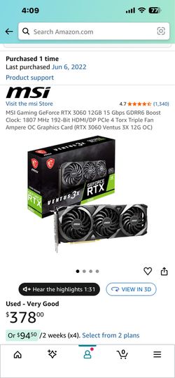 Like-new MSI GeForce RTX 3060 Ventus 3X 12GB OC