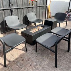 6 Hard Plastic Low Chairs w/ Rectangular Metal Firepit & Gas Tank Metal Cover