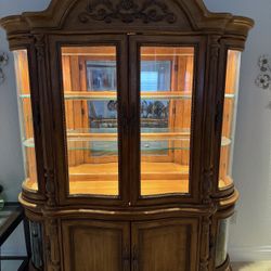 Ornately Carved China Cabinet with Glass Display Shelves and Lighting