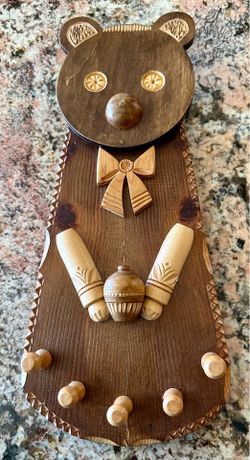 Vintage Bulgarian Hand-Carved Wooden human-like Bear wall hanging with five pegs in the bottom