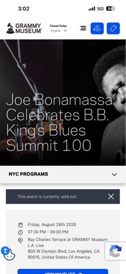 1 ticket JOE BONAMASSA @ The Grammy Museum 8/28/26