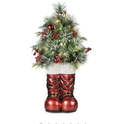 Santa Boots w/ Pre-Decorated Christmas Greenery, Lights - 40in