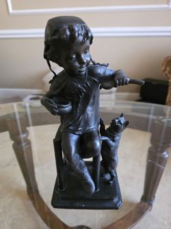 Bronze Child on Chair W/Dog Sculpture Juan Clara Style Hot Cast Art Nouveau