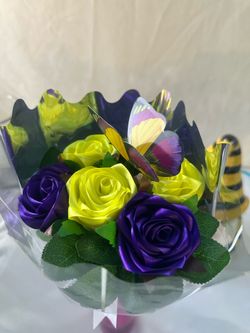 Half‑Dozen Handmade Satin Ribbon Rose Bouquet – Purple & Yellow
