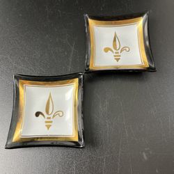 Vintage Mini Smoked Bent Glass Fleur De Lis Trinket Dish Ashtray Set Souvenir 2"