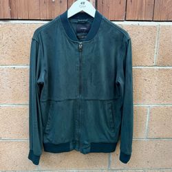 Dark green Zara suede-style bomber jacket featuring a full front zipper and ribbed knit trim.  Size Medium  Material is like suede  Too small for me  