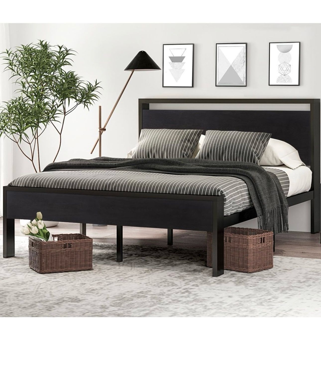 14 Inch Queen Size Metal Platform Bed Frame with Wooden Headboard and Footboard Mattress Foundation No Box Spring Needed Large Under Bed Storage N