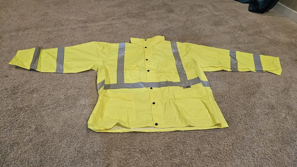 3C SAJ1500, ANSI/ISEA Class 3, Safety Parka, Light Weight, Water Resistant, Concealed Hood, Reflective, Zipper, Neon Green + pants size 5x