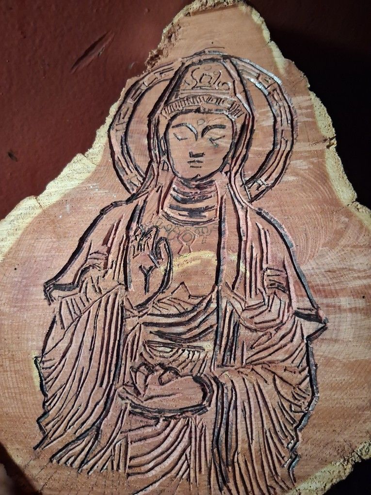 Qwon Yin Wood Craving Art On Aromatic Purple Cedar