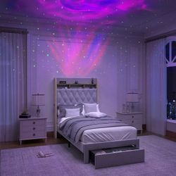 New in box-SIBEDS LED Bed Frame with Storage Drawer and Galaxy Star Projector Velvet Upholstered Gray Tufted Wingback Headboard, Twin