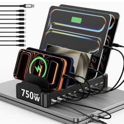 750W Charging Station for Multiple Devices, Zobirez 10-Port Fast Charger, 5 USB-C 120W Each and 5 USB-A 30W Each, Desktop Charging Hub for Laptop Phon