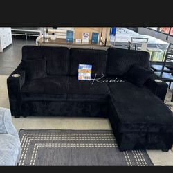 On Sale! Reversible Sectional Sofa With Pull-out Bed & Storage Black Corduroy 