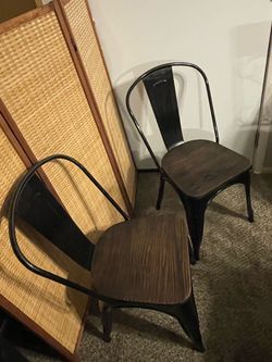 Brand: Rivbuio Black Stackable Metal Dining Chairs, Wood Seat, Set of 2, Modern Style, Space Saving, Stackable, Indoor Outdoor, Kitchen, Cafe