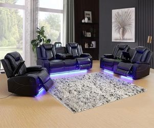 Power electric black leather fully reclining couch set