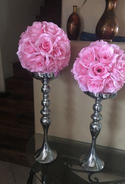 Silver vases with pink flower ball