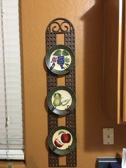 Metal Wall Decor with 3 Ceramic Fruit Plates