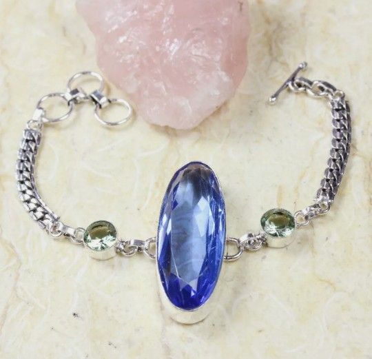 Handmade Blue Topaz 925 Sterling Silver Plated Gemstone Bracelet