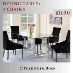 Mirrored Furniture - Glass Top Dining Table With Mirrored Base + 4 Black Velvet Chairs
