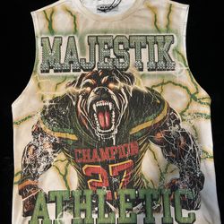 Majestik Men's Graphic Sleeveless Tee in White, Green, & Beige