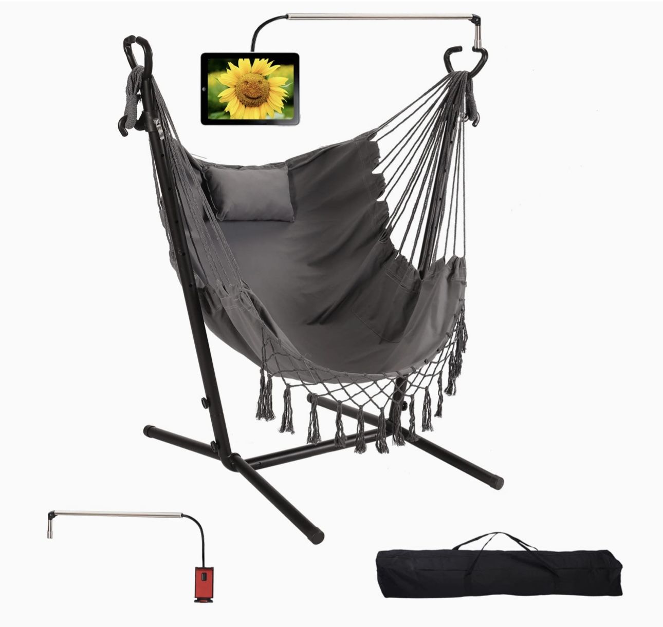 Hammock with Stand Phone Holder Included Double Hanging Chair Macrame Boho Adjustable Swing Indoor Outdoor Patio Yard Garden Porch 400lbs Capacity