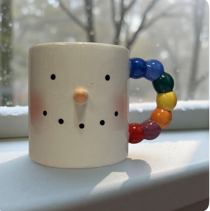 Unique snowman mug hand painted 3-D carrot nose rainbow beaded handle ceramic