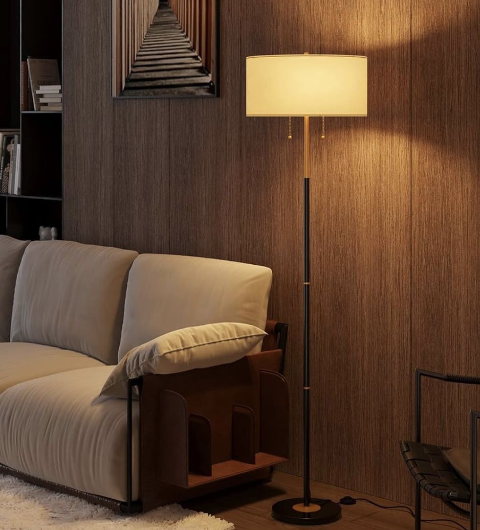 Modern Black & Gold Floor Lamp with Fabric Shade – 61” Tall