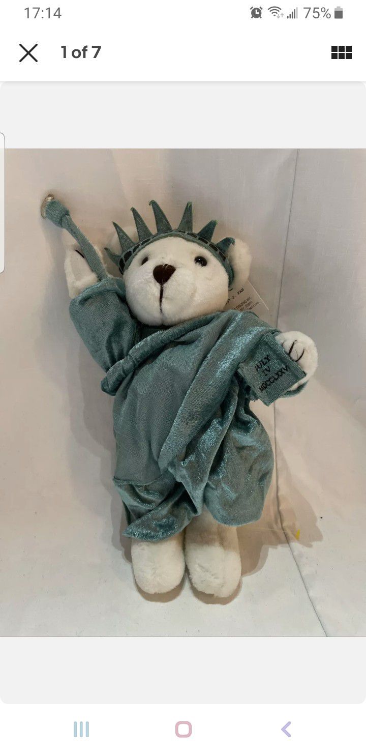 NY TEDDY BEAR J. Fan 1997, White Plush, New York, Statue of Liberty, Twin Towers