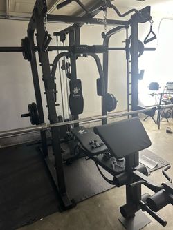 Vesta Fitness Smith Machine 2001 w/Bench Attachment | 230lb Bumpers Weights | 7ft Olympic Bar | Fitness | Gym Equipment | FREE DELIVERY & INSTALL🚚