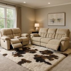 2 Piece off-white/beige/cream Recliner Set Manual Couch, And Loveseat W Cup Holder