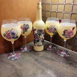 Hand Decorated Glass Bottle And Goblets 